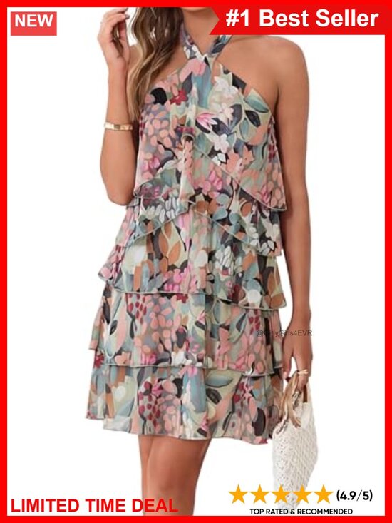 Dresses & Skirts - Simplee Womens Chiffon Floral Mini Dress Sleeveless Halter Ruffle Tiered Boho